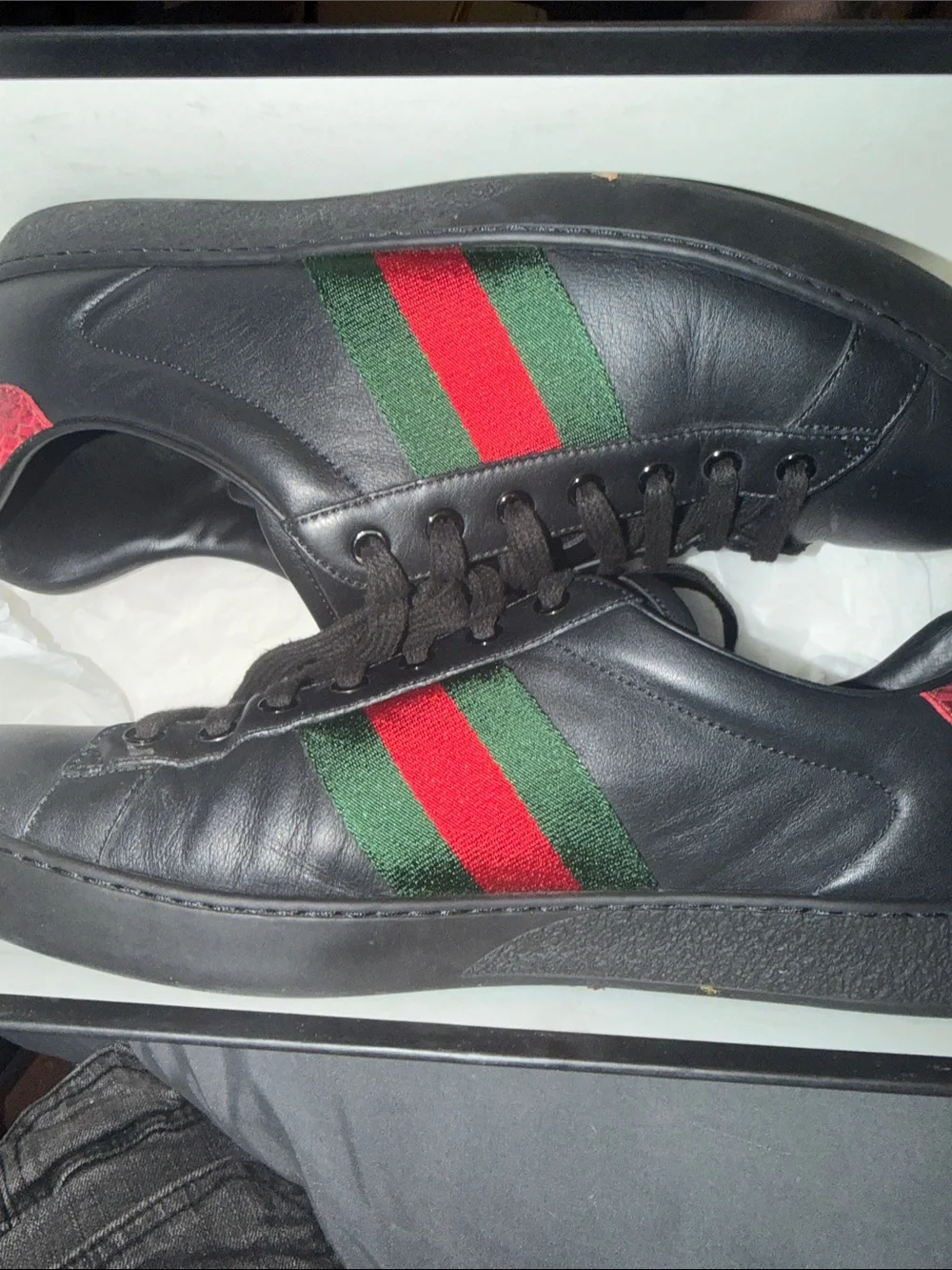 Black Gucci Leather Men's Fashion Sneakers with Green & Red Stripe